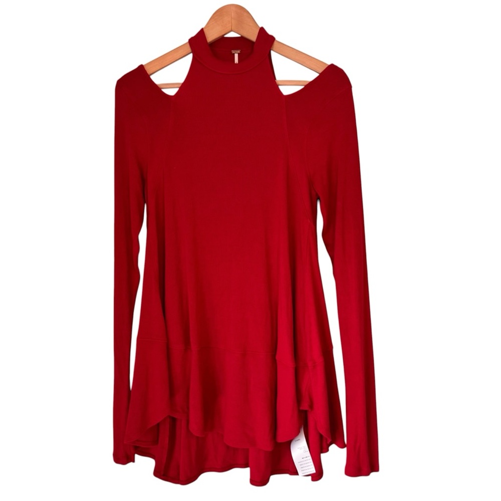 Free People Downtown Girl Bright Red Tunic Top Size Small High Neck Cut Outs